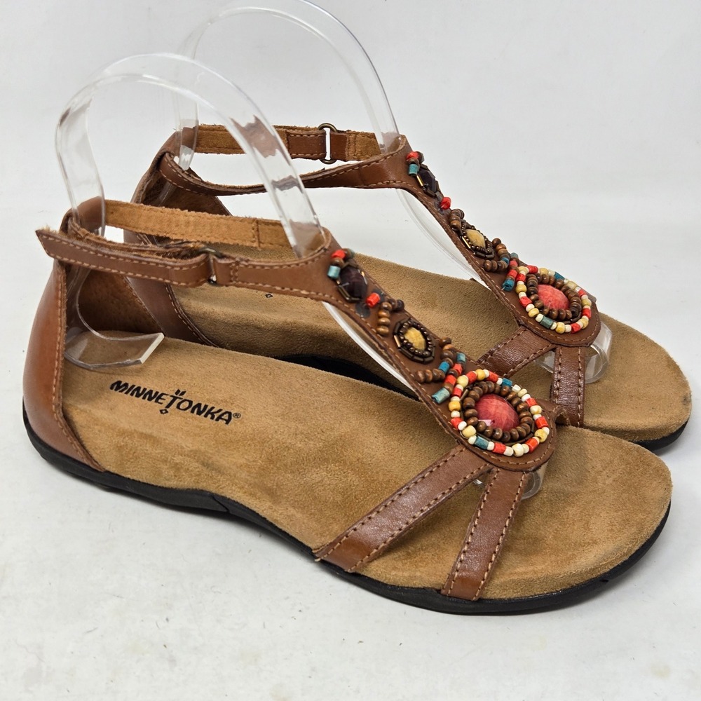 Minnetonka Womens 70812 SDL Brown Leather Beaded T-Strap Boho Sandals Size 6
